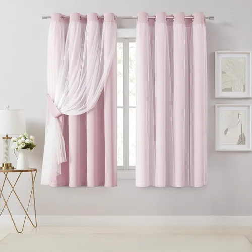 Vista 22 de Bujasso Cortinas 80% Opacas Beige con Superposición de Gasa Mezcla y Combinación Paneles de Ventana con Aislamiento Térmico de Doble Capa de 63