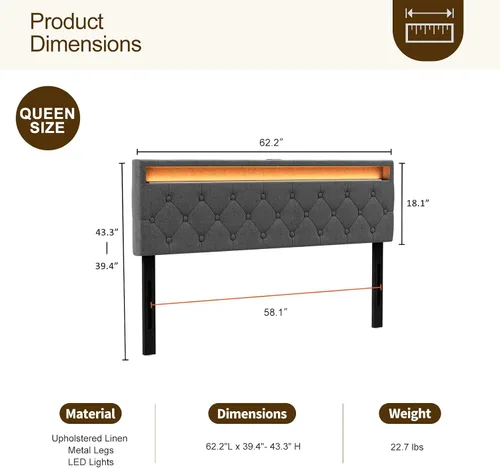 Vista 13 de IKIFLY Cabecera tapizada tamaño Queen con luces LED, puerto USB y tipo C 39.4"-43.3" Adjustable Height, Button Tufted Linen Fabric Padded Queen