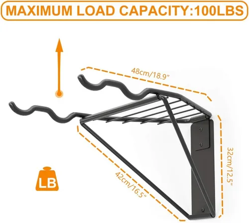 Vista 2 de TORACK Estante de almacenamiento para bicicletas, 2 colgadores de bicicleta, soporte de pared para bicicleta de montaña, soporte horizontal plegable