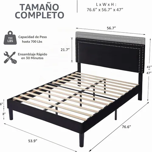 Vista 2 de Marco de cama de plataforma tamaño completo con cabecera tapizada ajustable, base de colchón moderna, soporte fuerte de listones de madera,