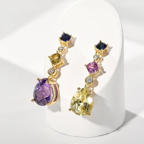 Vista 3 de Aretes de plata de ley para mujer, aretes de piedras preciosas con corte de pera, aretes largos de piedra de zafiro múltiple