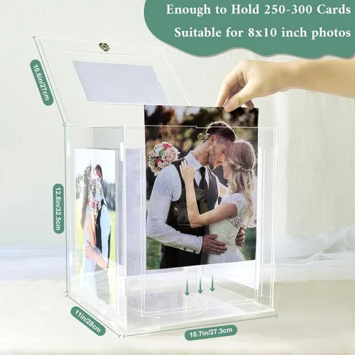 Vista 2 de OurWarm Caja de tarjetas de boda de acrílico con marco de fotos para fotos de 8 x 10 pulgadas, soporte grande giratorio para caja de regalo