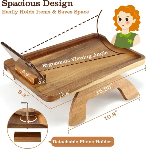 Vista 3 de Mesa de madera de acacia con reposabrazos, mesa de sofá para sala de estar, bandeja para reposabrazos de sofá con soporte giratorio para teléfono