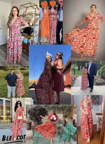 Vista 6 de BLENCOT Vestido largo casual de manga corta para mujer, estilo bohemio, estampado floral, cuello en V, fruncido, cóctel, fiesta, maxi vestidos