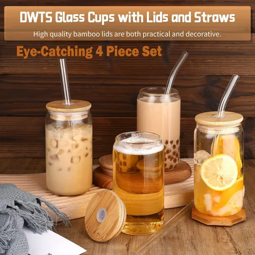 Vista 3 de DWTS DANWEITESI Vasos de vidrio con tapas y pajitas, 4 piezas, juego de vasos de 16 onzas para accesorios de barra de café, tazas de café helado