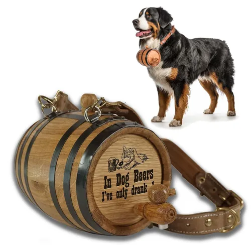 Vista 10 de St Bernard - Collar de barril de whisky para perro, 'M.U.T.T.' - Dispensador de barril de roble de 1/2 litro para perros San Bernardo con correa