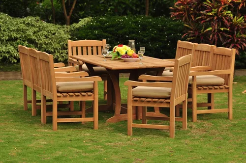 Vista 4 de Juego de comedor de 9 piezas de madera de teca grado A de 8 plazas: 69 "Warwick Conole mesa rectangular de comedor plegable y 8 sillas Devon