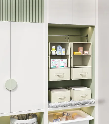 Vista 6 de Vailando Organizador de Armario Colgante de 3 Estantes, Juego de 2 Estantes Colgantes con 2 Cajones para Vestidor, Guardería, Almacenamiento y Beige
