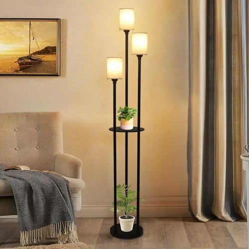 Vista 2 de Lámpara de pie con estantes, lámparas de pie modernas para sala de estar, lámpara de pie de 3 luces con pantalla de lino e interruptor de pie