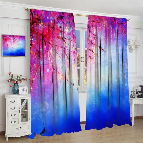 Vista 4 de Cortinas opacas con diseño floral de galaxia azul abstracta para dormitorio, cortinas de ventana de teñido anudado con diseño de flor de cerezo