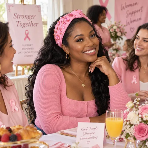 Vista 3 de boderier Diademas de concientización sobre el cáncer de mama para mujer, diadema anudada de cristal, diadema de corazón rosa con cinta de amor