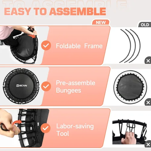 Vista 5 de BCAN 450/550LBS Mini Rebounder Trampoline for Adults, 40"/48" Foldable Fitness Trampoline with Bungees, Quiet & Stable Exercise Trampoline