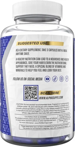 Vista 3 de Alpha Supps Suplemento para el cabello, la piel y las uñas para mujeres, vibrante salud y fuerza de HSN con biotina, colágeno y vitaminas