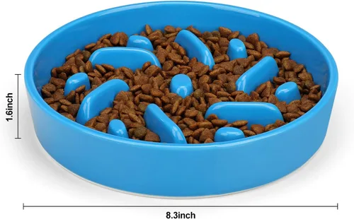 Vista 6 de Cuenco de cerámica para perros de alimentación lenta, 2 tazas de plato de Laberinto - Azul
