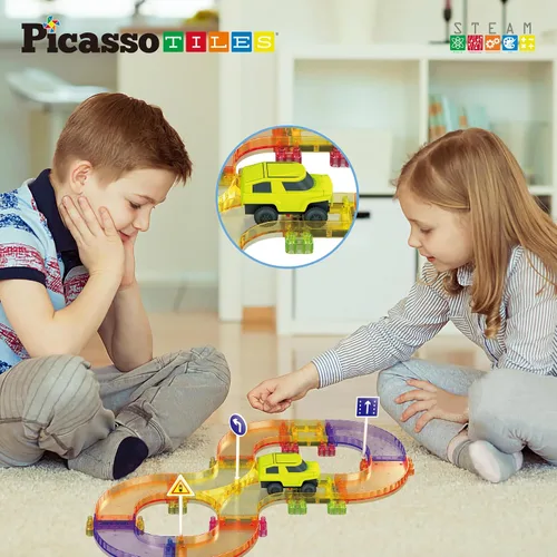 Vista 3 de PicassoTiles Pista de Carreras de Coches Magnéticos Azulejos Viaje Juguetes Sensoriales Imantados para Niños Pequeños STEM Educativo Aprendizaje