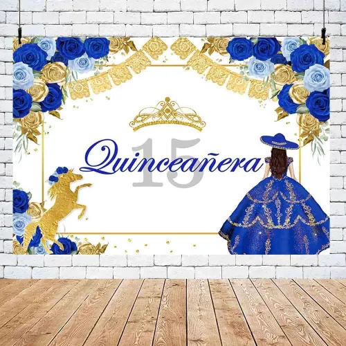 Vista 5 de AIBIIN Fondo de quinceañera azul de 7 x 5 pies para quinceañera para cumpleaños de 15 años, telón de fondo de fiesta mexicana, corona de rosa
