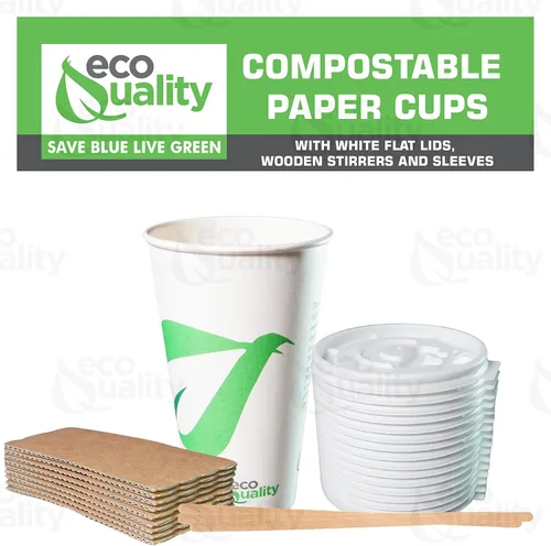 Vista 4 de Vasos de papel compostables de 16 onzas con tapas planas blancas, mangas y agitadores de madera, tazas de café de papel blanco biodegradables