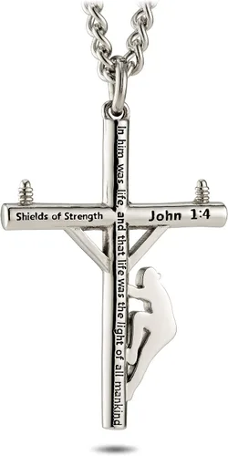 Vista 3 de Shields of Strength Collar de cruz de lineman para hombre - Juan 14, Acero inoxidable