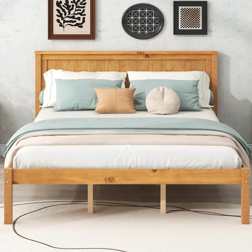 Vista 10 de Harper & Bright Designs Base de cama de plataforma de tamaño Queen con cabecero, cama Queen de madera con soporte de listones de madera, marco