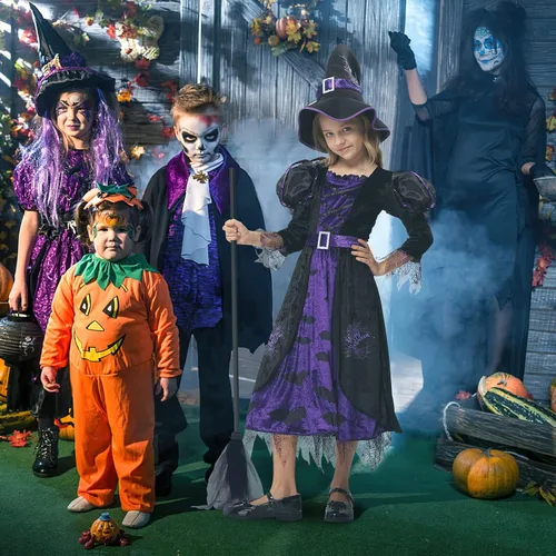 Vista 6 de Twister.CK Witch Costume for Girls Kids, Halloween Party Fancy Dress Up Deluxe Set with Hat Skirt for Girls