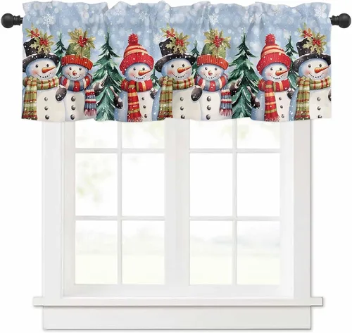 Vista 9 de Cenefa de cortina con lazo rojo de Navidad para ventanas, sala de estar, cocina, baño, granja, bolas de Navidad de acuarela con diseño de bayas