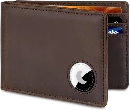 Vista 8 de Billetera AirTag para hombre, de piel auténtica plegable con bloqueo Rfid AirTag con ranuras para efectivo y ventana de identificación, compatible