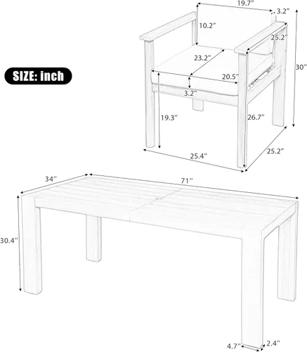 Vista 7 de Patio Dining Table Set for 6, 7-Piece Outdoor Furniture with 73 Inch Rectangular Table, Wood Chairs with Removable Cushions for Backyard, Poolside