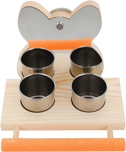 Vista 2 de Espejo de loro con cuenco de comida de agua o jaula de pájaros, soporte de madera para alimentación, accesorio para jaula, cuenco de alimentación