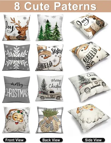 Vista 3 de multiwins Decoraciones Navideñas Juego de 4 Fundas de Almohada Navideñas con Estampado de Doble Cara de 16" x 16", con 8 Bonitos Patrones, Fundas