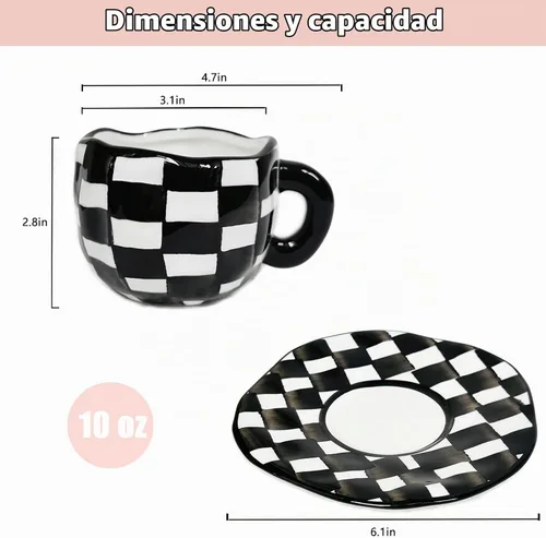 Vista 2 de Noviko Taza de Cerámica a Cuadros Juego de Taza de Té y Platillo de 10 onzas