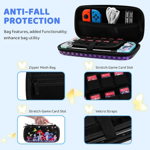 Vista 2 de HYPERCASE Cute Carrying Case Set for Nintendo Switch Accessories, Magical Mushroom Hard Travel Storage Bag with Glitter Protective Cover Skin for
