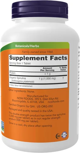 Vista 2 de Now Supplements, Orgánico, Espirulina 1,000 mg, Doble Fuerza, 240 Tabletas