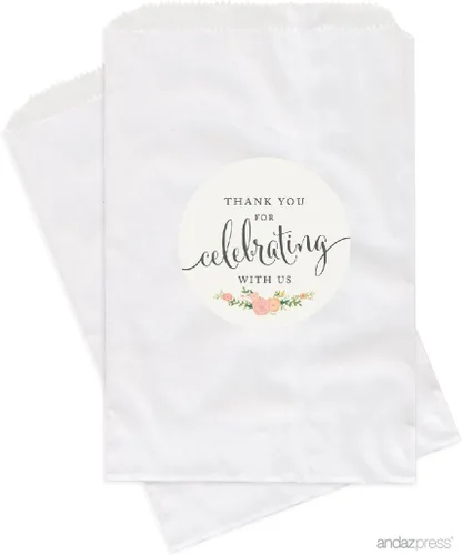 Vista 22 de Andaz Press Bolsas de regalo personalizadas para mesa de postre, agradecimiento por celebrar con nosotros, aguamarina, paquete de 24, personalizadas