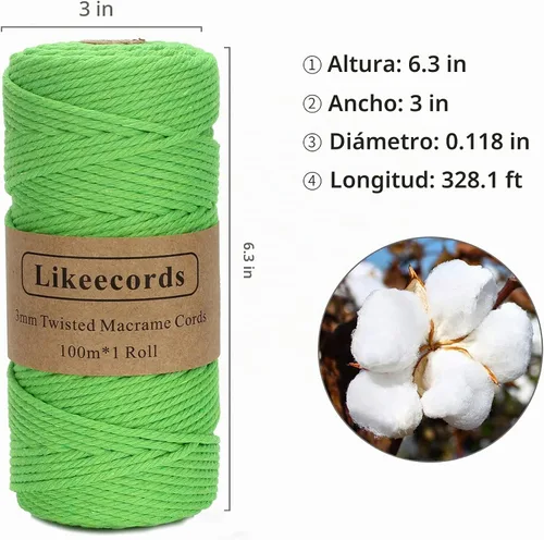 Vista 2 de Cordón de macramé, cuerda de algodón de 0.118 in x 328 pies, cuerda de algodón blanco natural para manualidades, tejer, colgar plantas, decoración