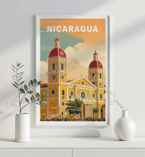 Vista 2 de KiKi8xyBox Nicaragua - Póster de viaje – Arte de pared retro con arquitectura de iglesia colonial con colores brillantes – Impresión