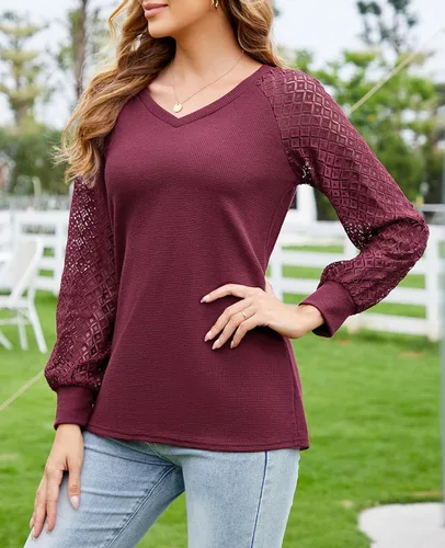 Vista 5 de MINTLIMIT Blusa de manga larga con encaje para mujer, estilo informal, elegante, de verano, holgada, de punto, cuello en V, sin botones