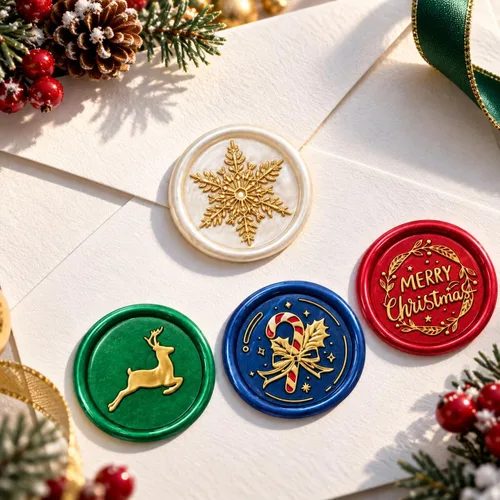 Vista 3 de SWANGSA - Juego de sellos de cera, estilo vintage, 4 cabezas con patrones navideños y 1 mango de madera para regalos de Navidad y Año Nuevo Dorado