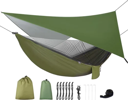Vista 8 de Hamaca de campamento con red de mosquitos, toldo impermeable, correas de árbol de nailon resistentes, paracaídas, hamaca individual o doble, tienda