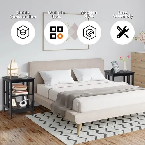 Vista 3 de Mesa auxiliar con estante de almacenamiento de 3 niveles para sala de estar, dormitorio, marco de madera estable, fácil montaje (negro, 1 unidad)