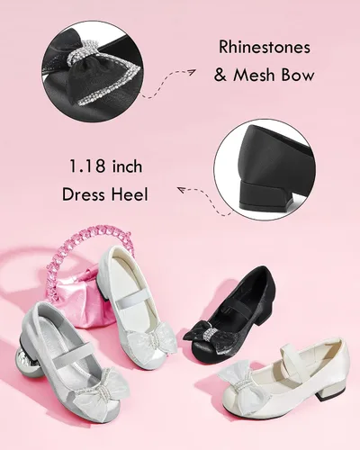 Vista 5 de Coutgo Zapatos de vestir Mary Jane para niñas, con lazo y diamantes de imitación, tacón bajo, para fiesta, boda, princesa