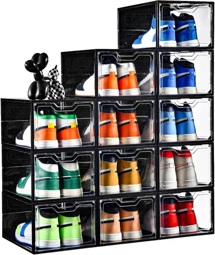 Vista 10 de Paquete de 10 cajas grandes para zapatos de plástico transparente apilables, organizador de almacenamiento de zapatos con tapas, estante