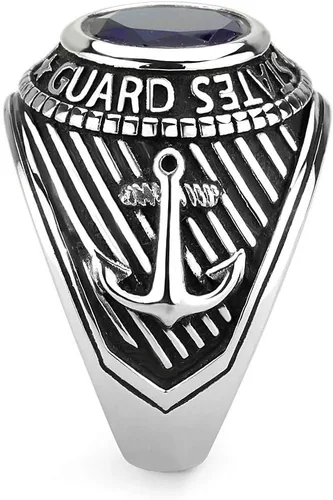Vista 2 de C&D Military Jewelry Anillo militar de la Guardia Costera de los Estados Unidos de acero inoxidable (color plateado con piedra azul) USCG Anillos