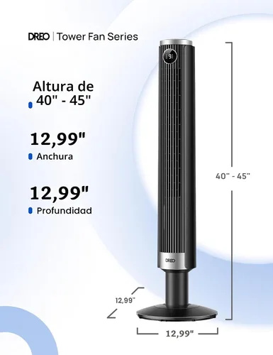 Vista 8 de DREO Ventilador de torre inteligente para dormitorio, altura ajustable de 40 a 45 pulgadas, velocidad de 28 pies/s, motor de CC, 9 velocidades, 4
