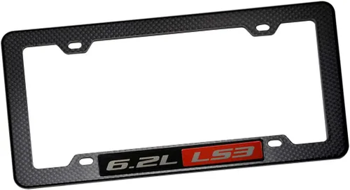 Vista 2 de Marco de placa de matrícula con aspecto de fibra de carbono negro con 6.2 L LS3 rojo negro emblema de motor placa de identificación de aluminio