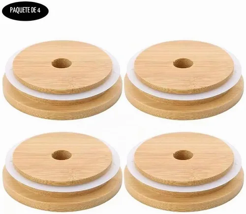 Vista 5 de Paquete de 4 tapas de frasco mason de bambú de boca ancha de 86mm con agujero para pajita, tapas de bambú reutilizables a prueba de fugas