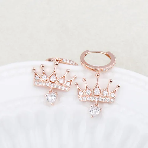 Vista 10 de 925 Sterling Silver Cubic Zirconia Princess Crown Dangle Huggie Hoop Earrings
