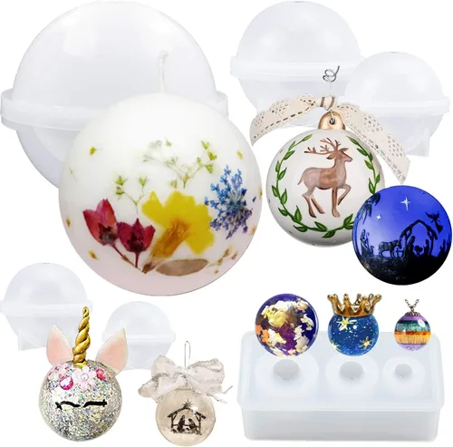 Vista 8 de Funshowcase Molde de silicona redondo de esfera para resina epoxi, fabricación de joyas, cera de vela, jabón casero, bomba de baño, juego de 5 piezas