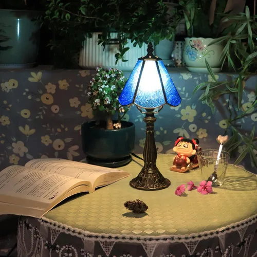 Vista 6 de Tiffany Style Table Lamp Blue Rippled Stained Glass Lamp 14 Inch Small Lamp,Desk Lamps,6X6X14 Inch,Bronze Resin Base, Antique Lamp,Mini Accent