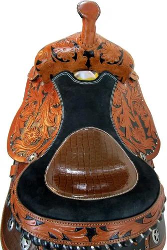 Vista 9 de Western Saddle Barril Racing Caballo Placer Floral Tooled Gator Asiento de cuero Sillines Trail Tack Set 15 16 17 18