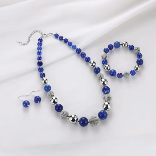 Vista 3 de PEARL&CLUB Juego de collar y pulsera con cuentas gruesas de metal plateado, regalo para el día de la madre para mujeres